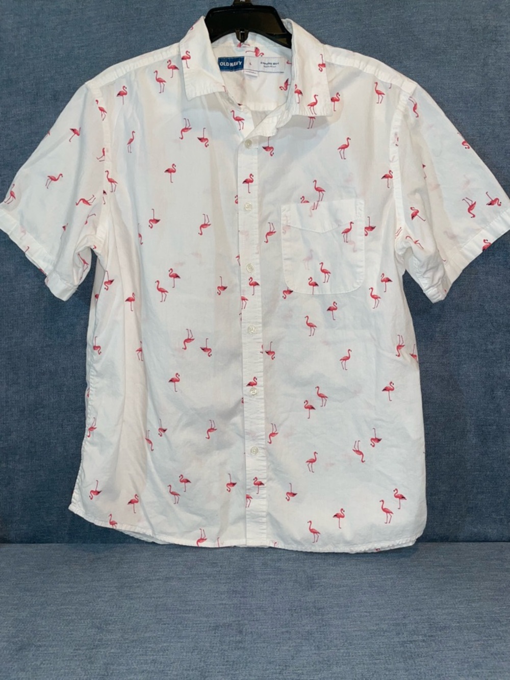 Old Navy White Short-Sleeve Button-Down Shirt with Pink Flamingo Print